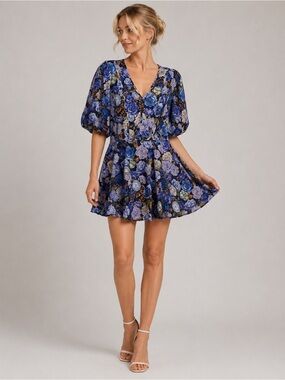 NWT! Rachel Parcell V-Neck Puff Sleeve Mini Dress Blue Floral 10 25972